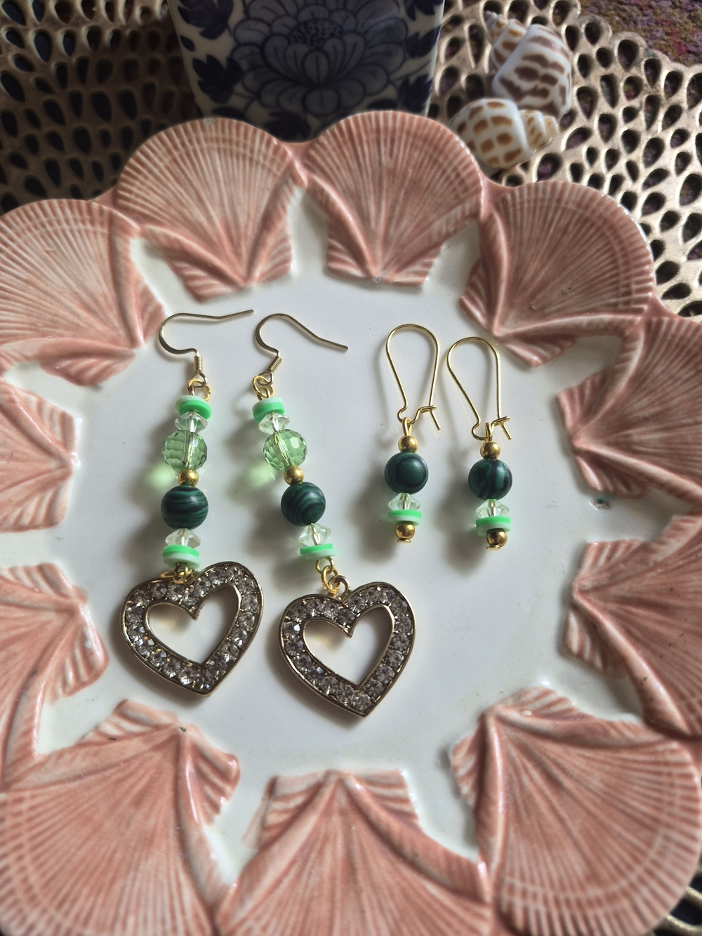 Green Crystal Heart Drop Earrings with Gold Accents